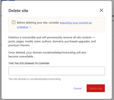 delete wordpress com sites