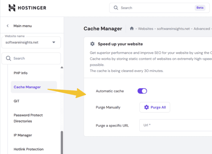 hostinger cache manager