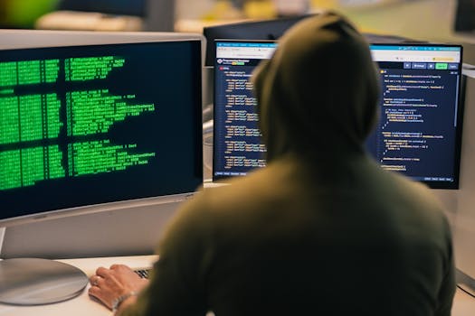 A person in a hoodie coding on dual monitors, depicting cybersecurity and hacking themes.